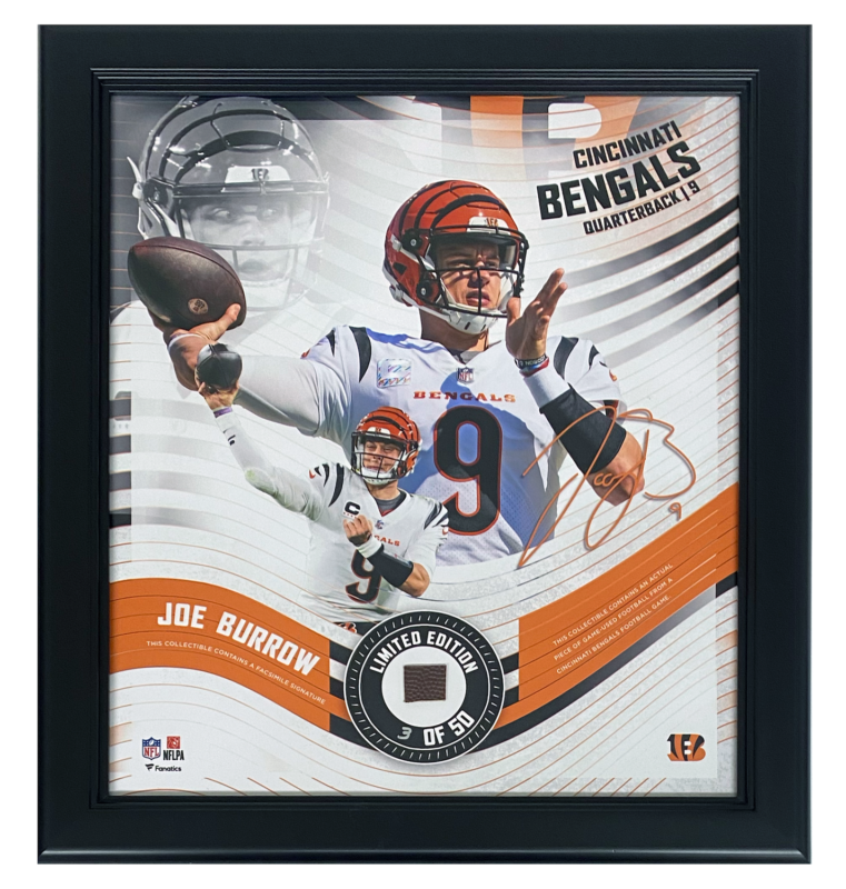 Joe Burrow Cincinnati Bengals White Jersey Framed 15" x 17" Game Used Football Display LE 50