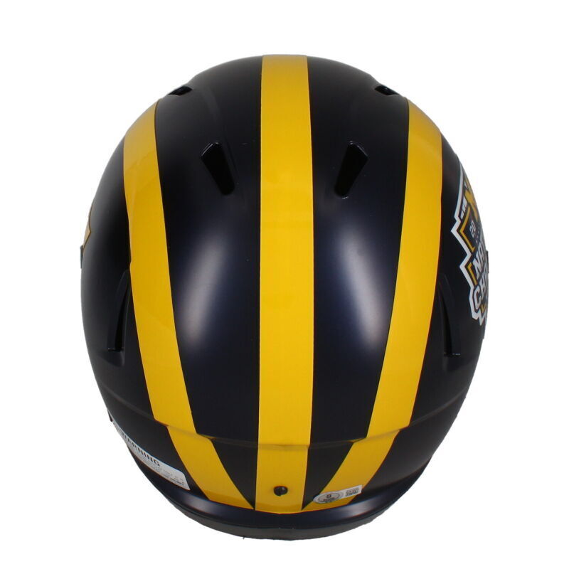 J.J. McCarthy Autographed Michigan Wolverines 2023 National Champs Logo Speed Full Size Helmet Beckett Witnessed