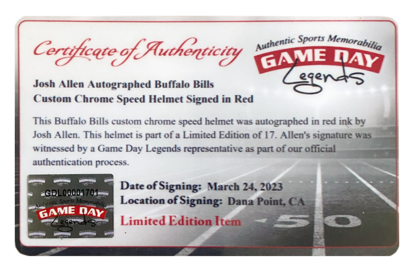 Josh Allen Autographed Buffalo Bills Chrome Speed Authentic Helmet Signed In Red LE 1/17 GDL/Beckett Witnessed