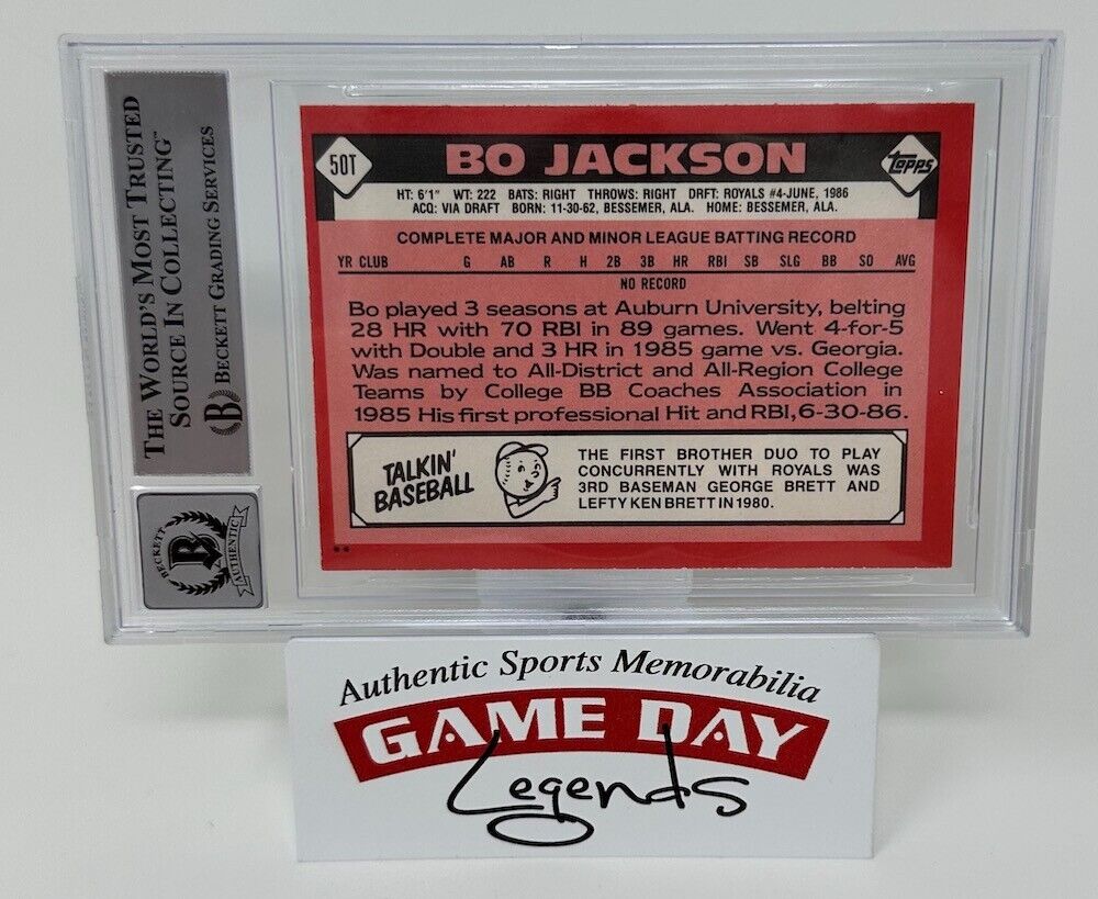 Bo Jackson Autographed Kansas City Royals 1986 Topps Traded #50T XRC BAS 10 Auto