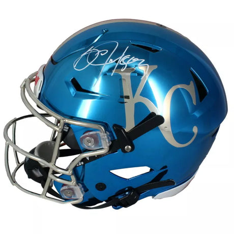 Patrick Mahomes / Bo Jackson Dual Autographed Kansas City Chiefs/Royals Custom Chrome Inlay Speed Flex Authentic Helmet Beckett Witnessed