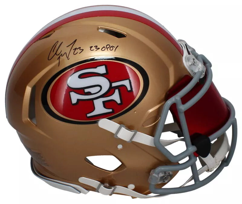 Christian McCaffrey Autographed/Inscribed "23 OPOY" San Francisco 49ers Speed Authentic Helmet with Visor & 3D Bumpers Fanatics