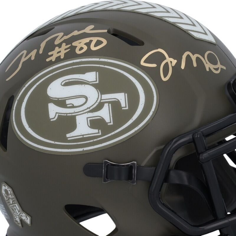 Jerry Rice/Joe Montana Dual Autographed San Francisco 49ers 2022 Salute to Service Speed Mini Helmet Fanatics LE 24