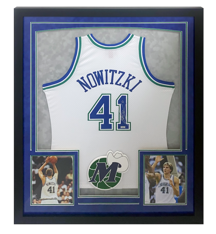 Dirk Nowitzki Autographed Dallas Mavericks Custom Framed White Mitchell & Ness Throwback Jersey Panini