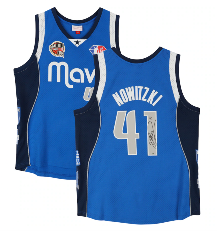 Dirk Nowitzki Autographed Dallas Mavericks Blue Mitchell & Ness Swingman Jersey with Multiple Patches Fanatics