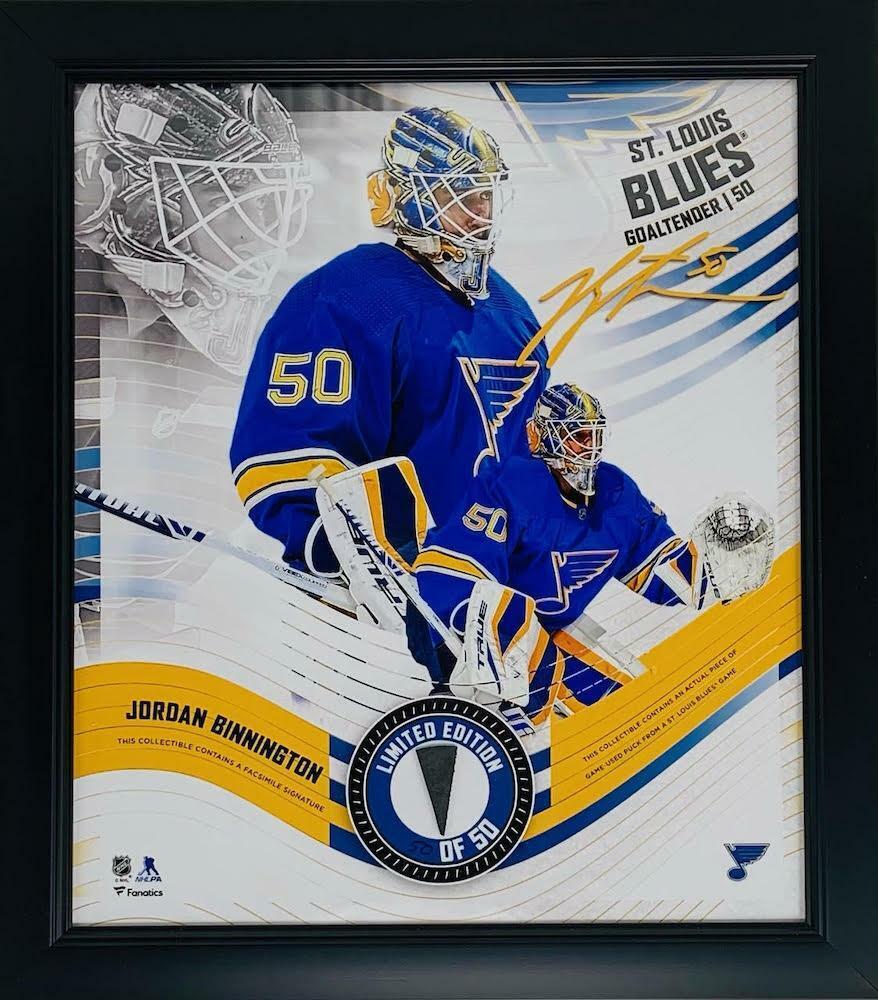 JORDAN BINNINGTON Blues Framed 15" x 17" Game Used Puck Display LE 50/50