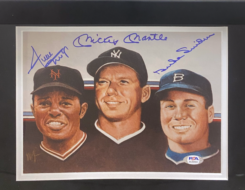 Duke Snider, Mickey Mantle & Willie Mays Triple Autographed Photo & Baseball Display PSA/DNA