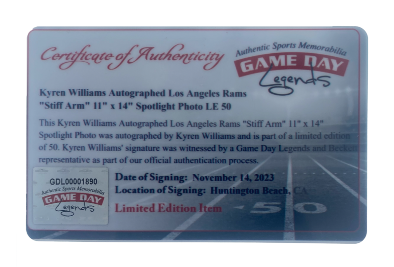 Kyren Williams Autographed Los Angeles Rams "Stiff Arm" 11" x 14" Spotlight Photograph LE 23/50 GDL & Beckett Witnessed