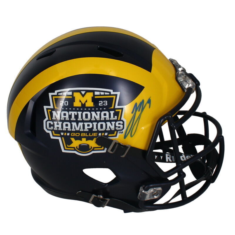 J.J. McCarthy Autographed Michigan Wolverines 2023 National Champs Logo Speed Full Size Helmet Beckett Witnessed