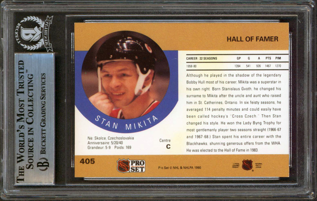 Blackhawks Stan Mikita Authentic Signed 1990 Pro Set #405 Card BAS Slabbed