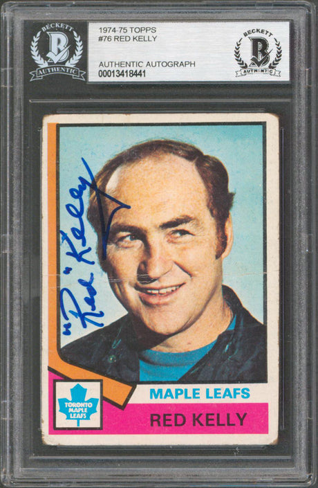 Maple Leafs Red Kelly Authentic Signed 1974 Topps #76 Card BAS Slabbed