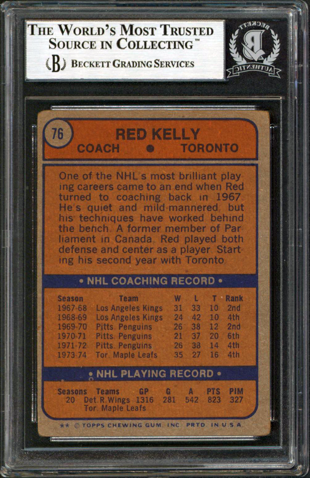 Maple Leafs Red Kelly Authentic Signed 1974 Topps #76 Card BAS Slabbed