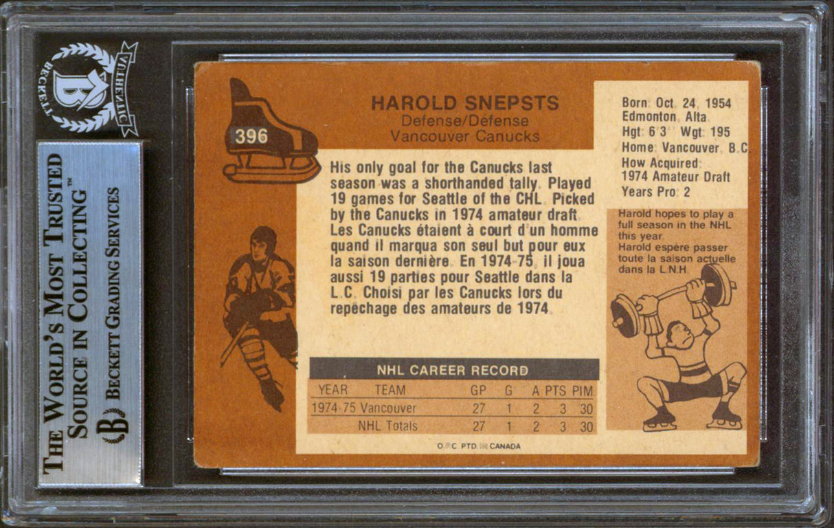 Canucks Harold Snepsts Authentic Signed 1975 O-Pee-Chee #396 Card BAS Slabbed