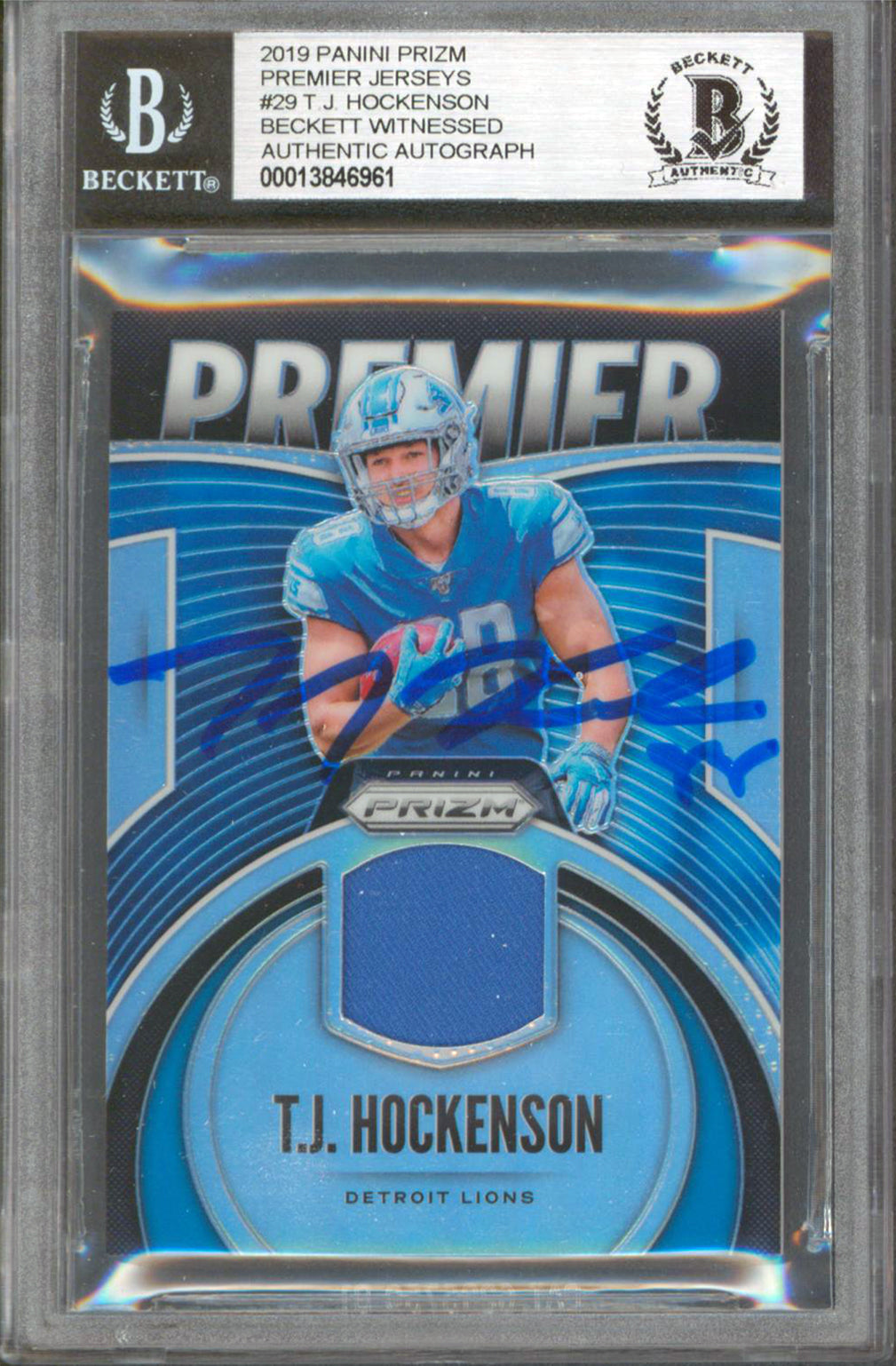 Lions T.J. Hockenson Signed 2019 Panini Prizm Premier Jerseys #29 RC BAS Slabbed