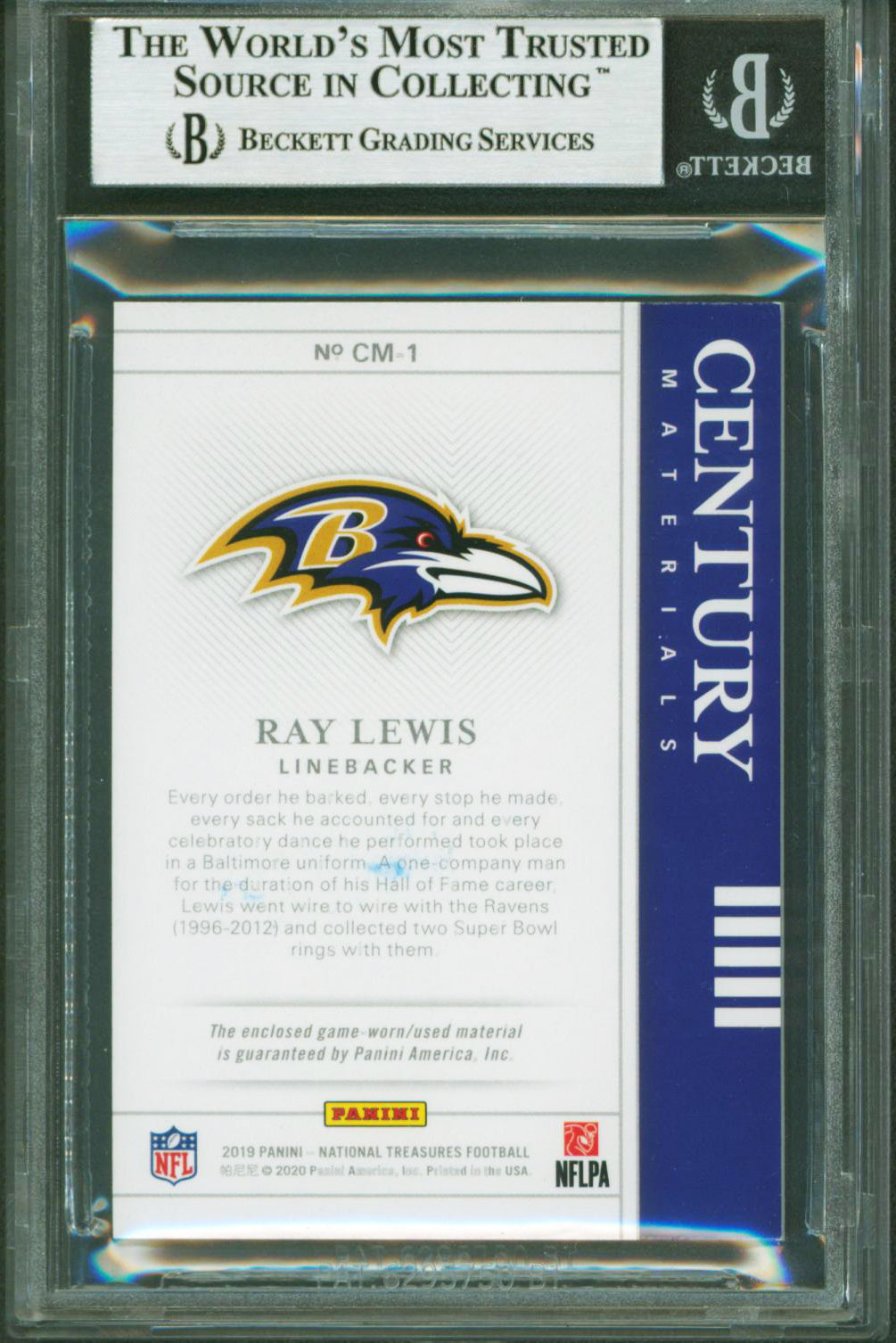 Ravens Ray Lewis Signed 2019 National Treasures Century #1 #7/99 Card BAS Slab