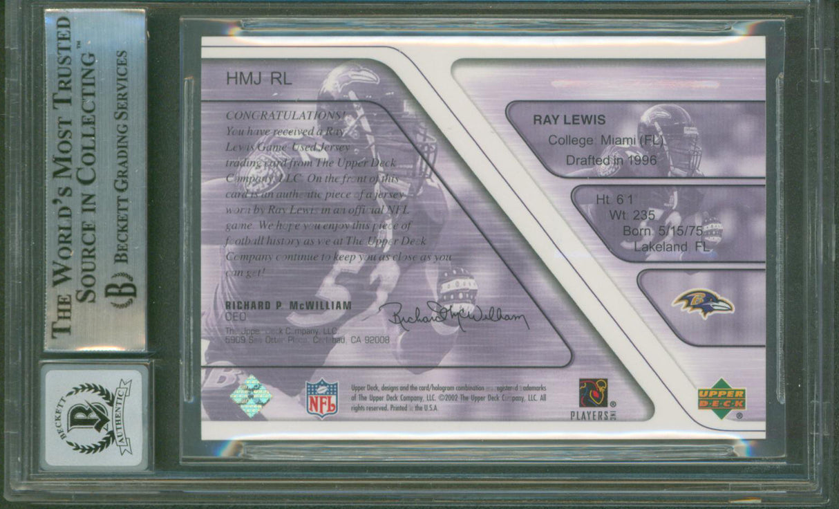 Ravens Ray Lewis Signed 2002 UD Piece of History #HMJRL Card Auto 10! BAS Slab