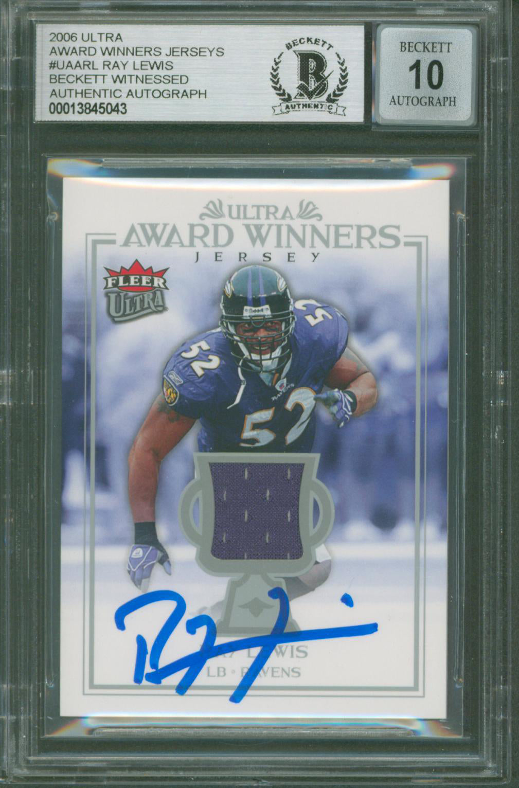 Ravens Ray Lewis Signed 2006 Ultra AW Jerseys #UAARL Card Auto 10 BAS Slabbed 2