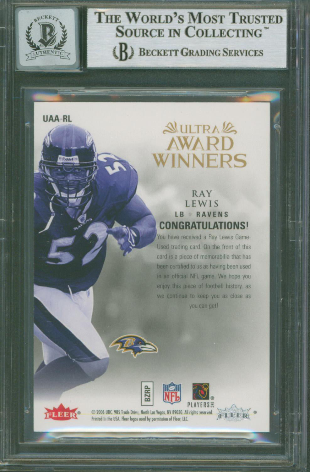 Ravens Ray Lewis Signed 2006 Ultra AW Jerseys #UAARL Card Auto 10 BAS Slabbed 2