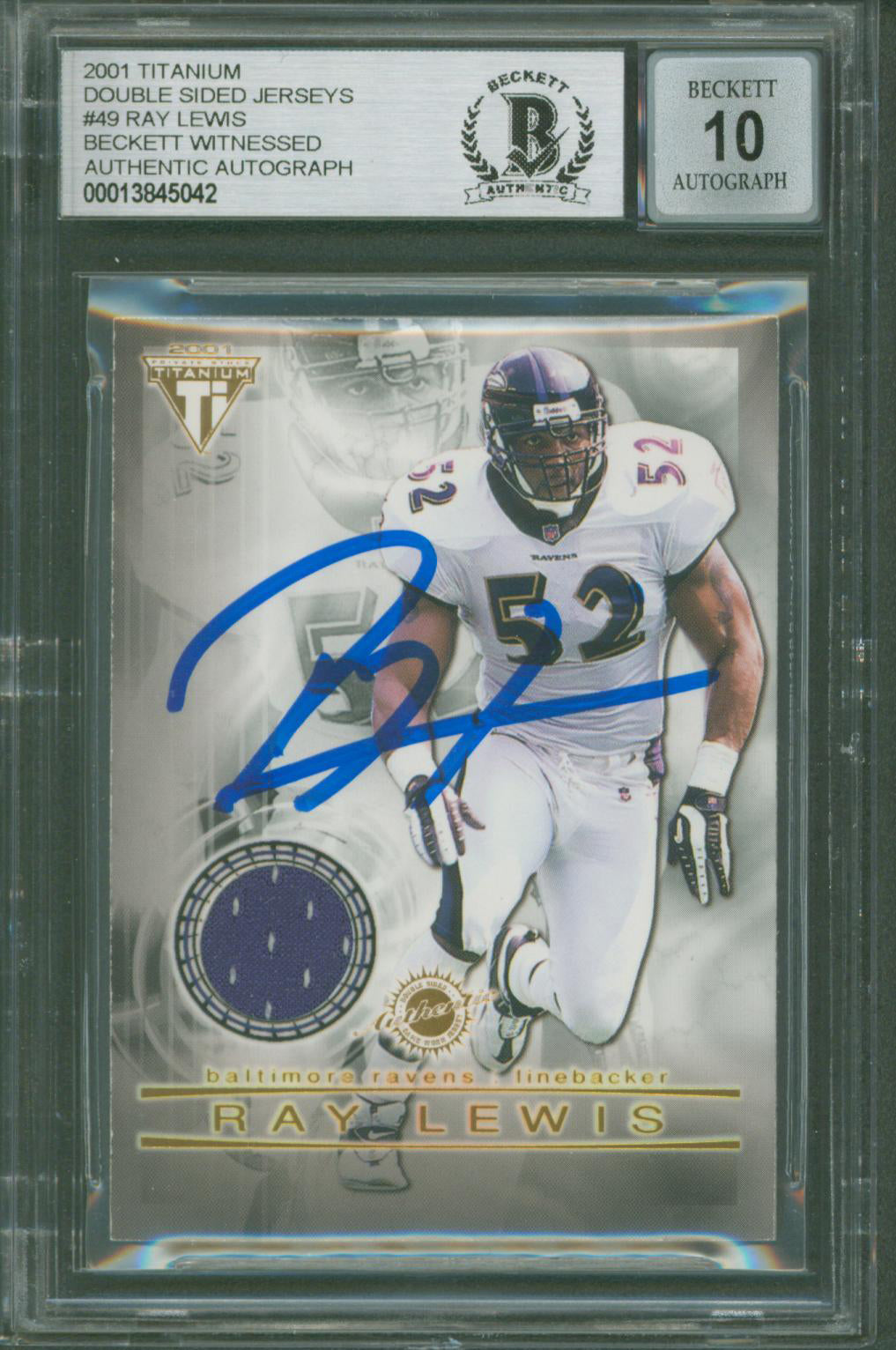 Ravens Ray Lewis Signed 2001 Titanium 2 Sided Jerseys #49 Card Auto 10! BAS Slab