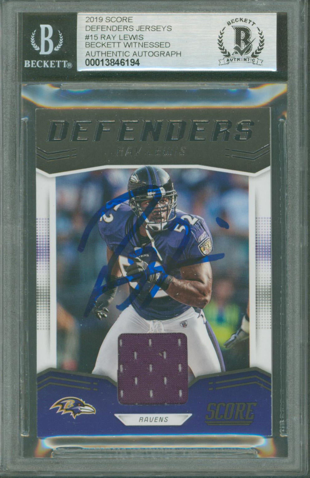 Ravens Ray Lewis Signed 2019 Score Defenders Jerseys #15 Card BAS Slabbed 1