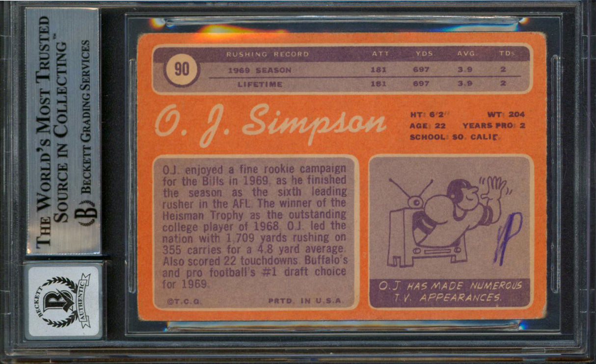 Bills O.J. Simpson "2x Insc" Signed 1970 Topps #90 Card Auto Graded 10! BAS Slab