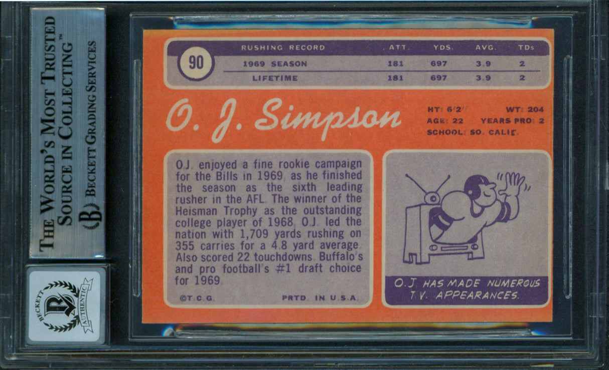 Bills O.J. Simpson "2x Insc" Signed 1970 Topps #90 Card Auto Graded 10! BAS Slab