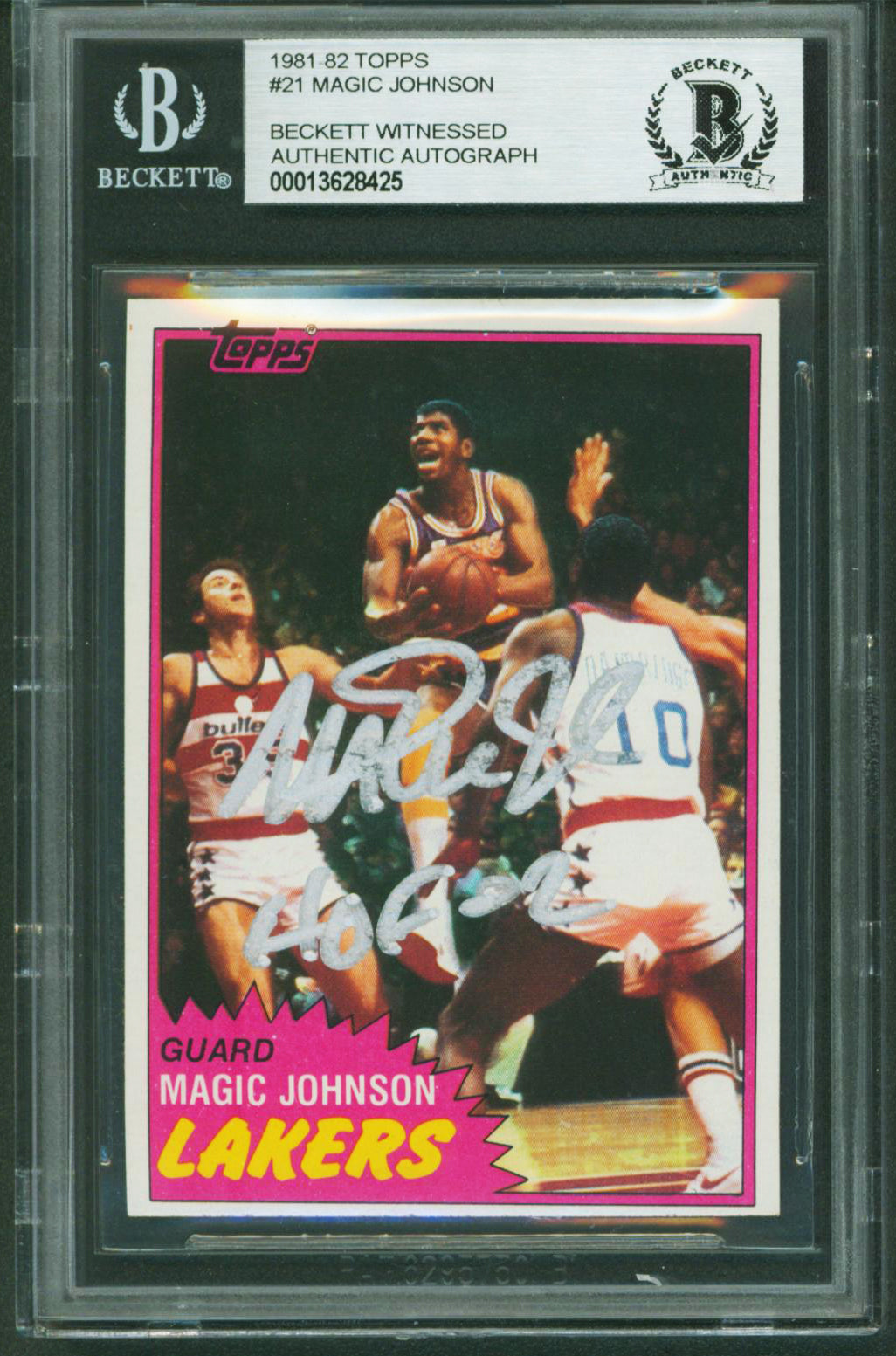 Lakers Magic Johnson "HOF 02" Authentic Signed 1981 Topps #21 Card BAS Slabbed 4