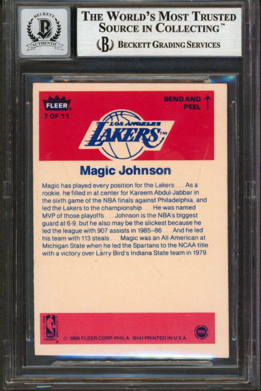 Lakers Magic Johnson Signed 1986 Fleer Stickers #7 Card Auto 10! BAS Slabbed