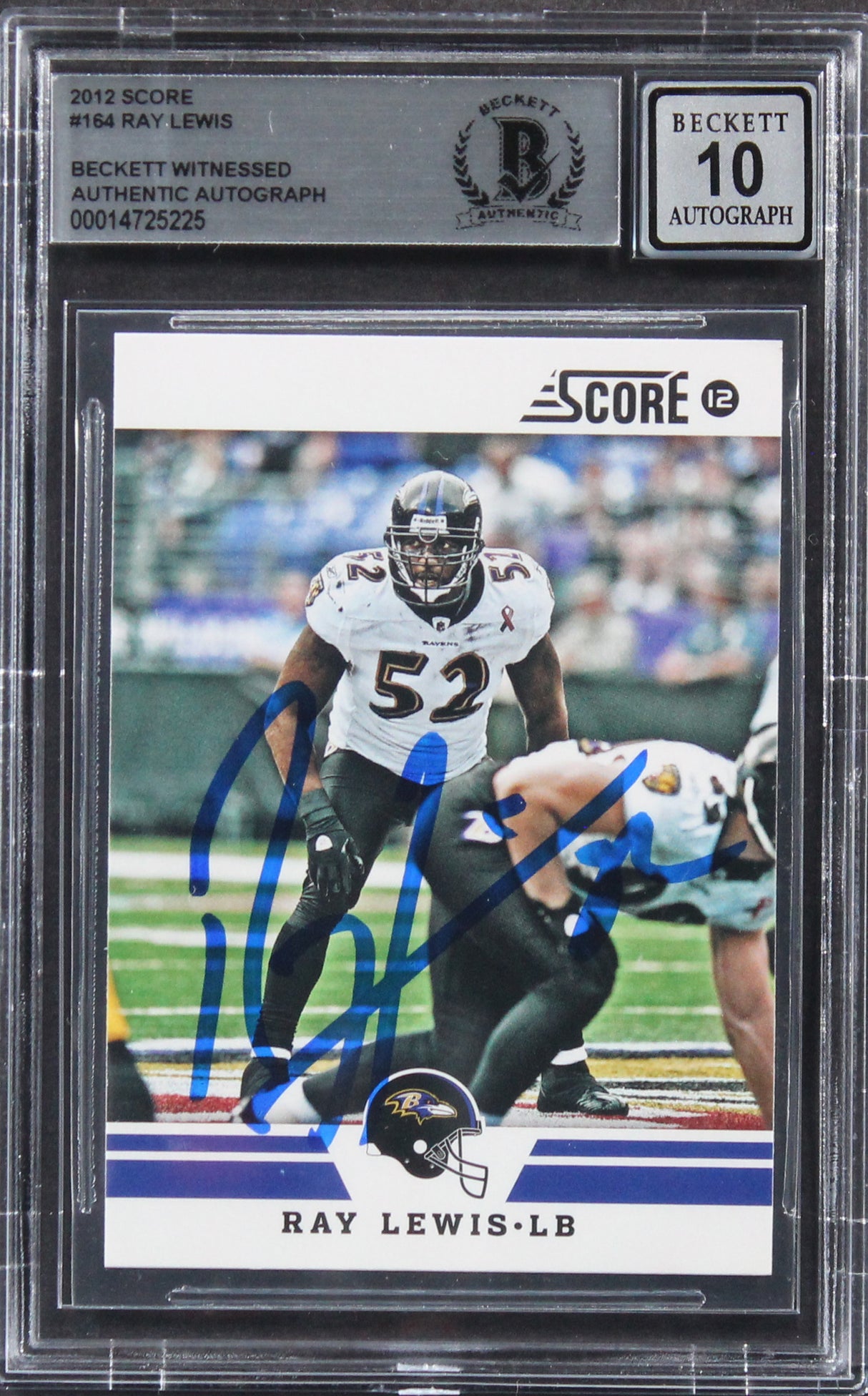 Ravens Ray Lewis Signed 2012 Score #164 Card Auto Graded Gem Mint 10! BAS Slab