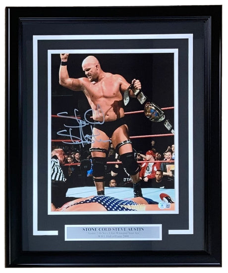 Stone Cold Steve Austin Signed Framed 11x14 WWE Photo vs Kurt Angle BAS - Sports Integrity