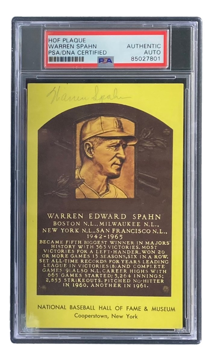 Warren Spahn Signed 4x6 Milwaukee Braves Hall Of Fame Plaque Card PSA/DNA 85027801 - Sports Integrity