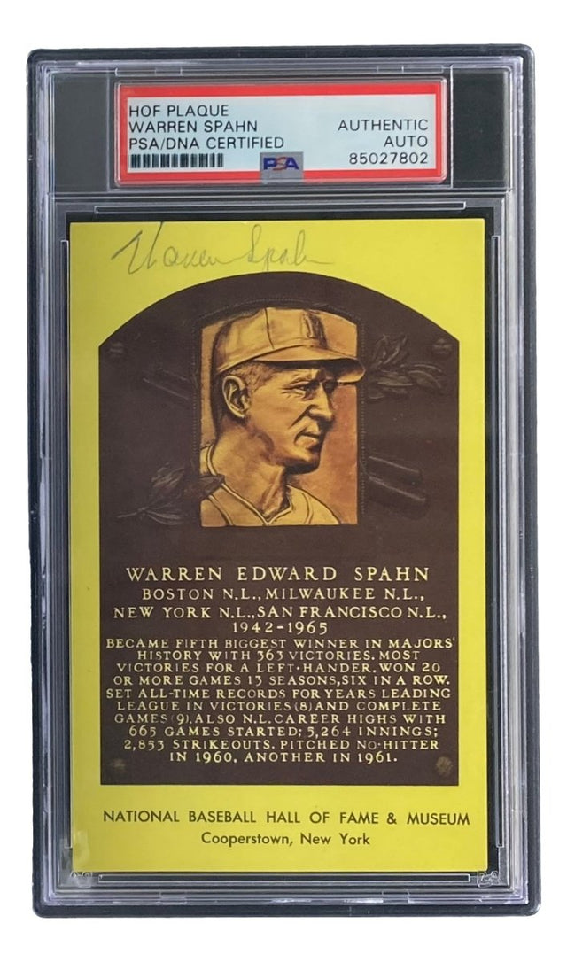 Warren Spahn Signed 4x6 Milwaukee Braves Hall Of Fame Plaque Card PSA/DNA 85027802 - Sports Integrity