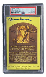 Warren Spahn Signed 4x6 Milwaukee Braves Hall Of Fame Plaque Card PSA/DNA 85027806 - Sports Integrity