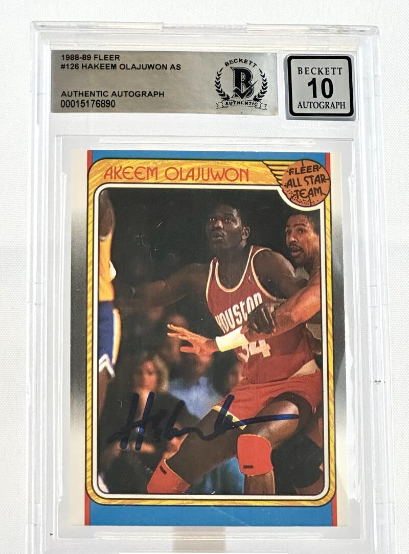 1988-89 Fleer All Star Team #126 Hakeem Olajuwon Auto Houston Rockets BAS Autograph 10 Image 1