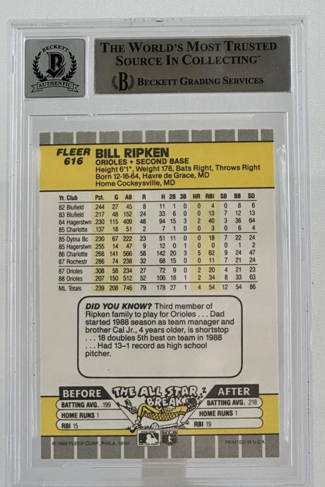 1989 Fleer #616E Billy Ripken Auto Baltimore Orioles BAS Autograph 10 Image 2