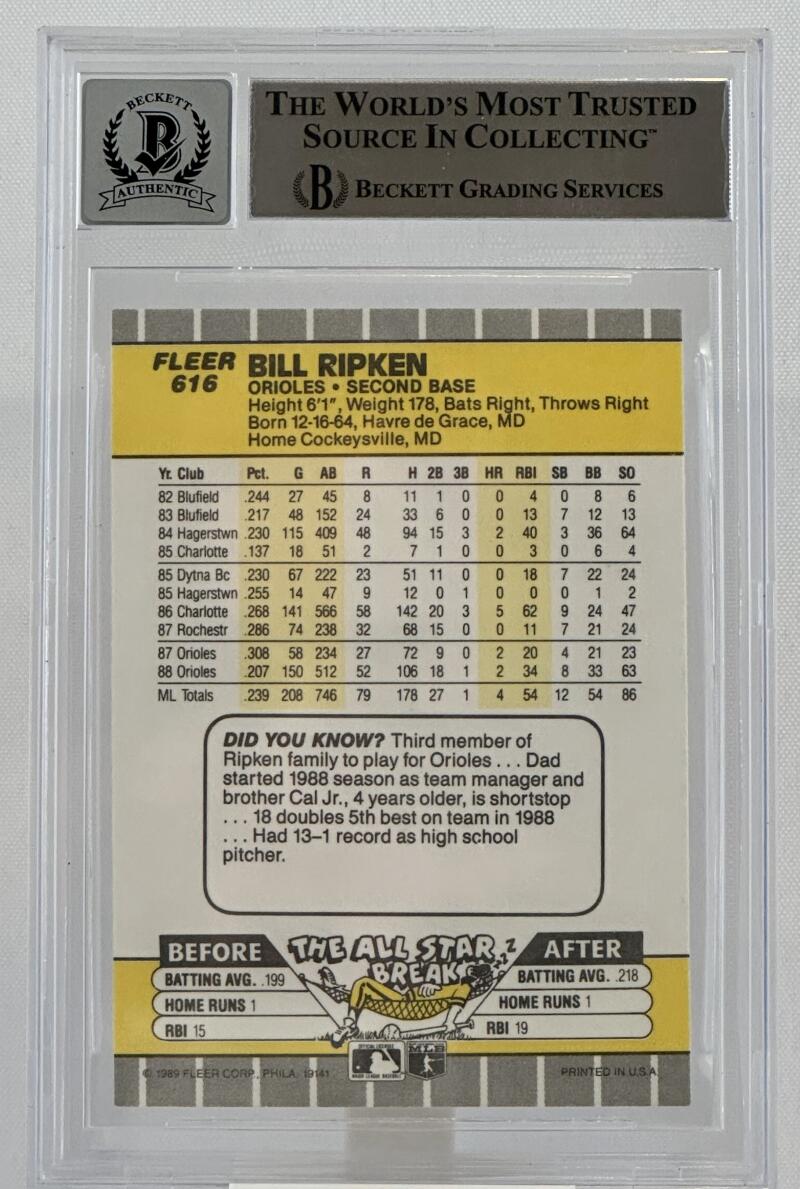 1989 Fleer #616E Billy Ripken Auto Baltimore Orioles BAS Autograph 10 Image 2